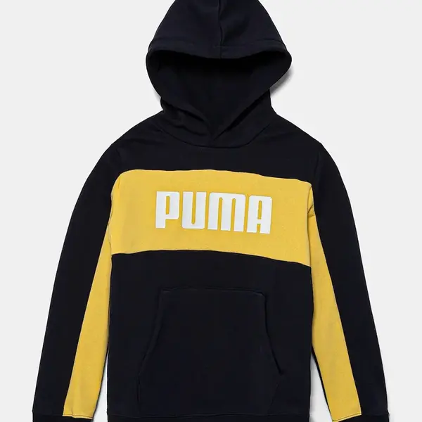 Dětská mikina Puma ESS BLOCK Hoodie TR tmavomodrá barva, s kapucí, s potiskem, 685819
