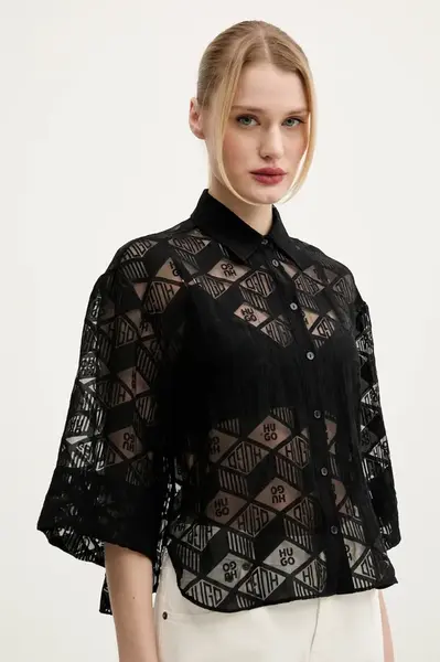 Košile HUGO dámská, černá barva, relaxed, s klasickým límcem, 50538733