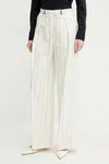Lněné kalhoty BOSS dámské, béžová barva, široké, high waist, 50538216