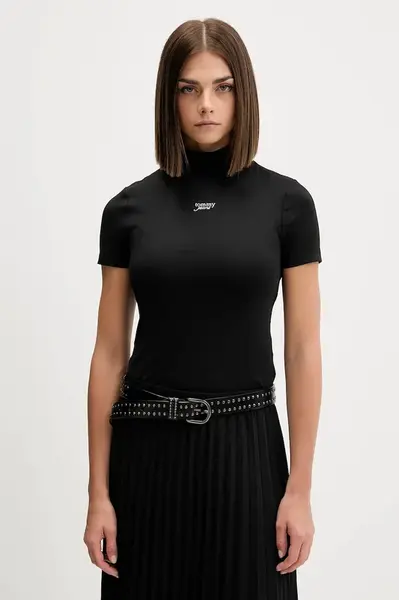 Tričko Tommy Jeans dámské, černá barva, s pologolfem, DW0DW21563