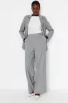 Trendyol šedá široká noha široká noha strieborné detailné tkané pruhované nohavice