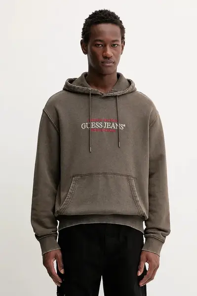 Bavlněná mikina Guess Jeans pánská, hnědá barva, s kapucí, s aplikací, M5BQ33 KCPR1