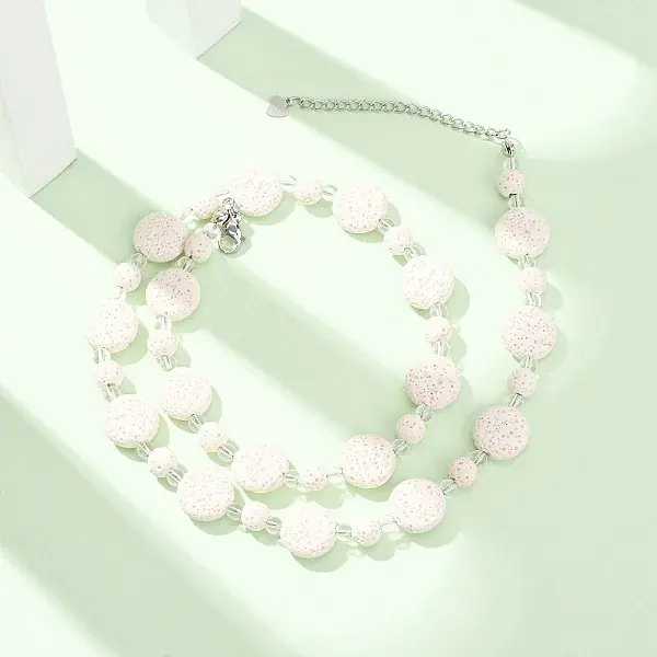 Natural Lava Rock Coin Beaded Necklaces