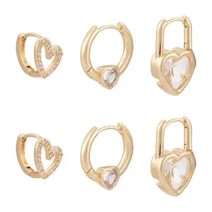6Pcs 3 Styles Brass Micro Pave Clear Cubic Zirconia Hoop Earrings