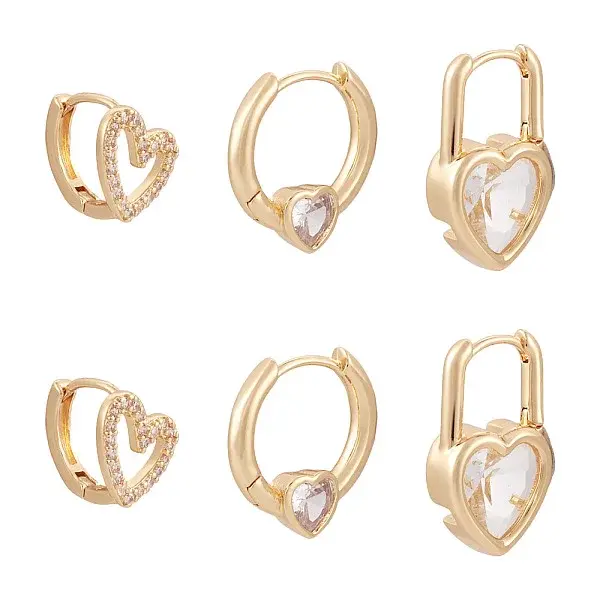 6Pcs 3 Styles Brass Micro Pave Clear Cubic Zirconia Hoop Earrings
