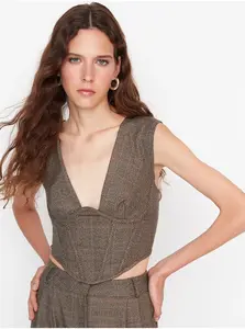 Hnědý dámský kostkovaný crop top Trendyol - Dámské