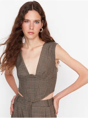 Hnědý dámský kostkovaný crop top Trendyol - Dámské