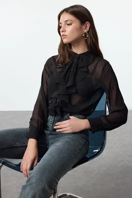 Trendyol Black Front Ruffle Detailed Judge Collar Woven Regular Regular Fit Shirt