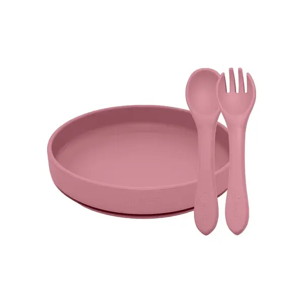 Set jedálenský silikónový TAKE&MATCH 2 ks tanier + príbor Dusty Rose 6m+