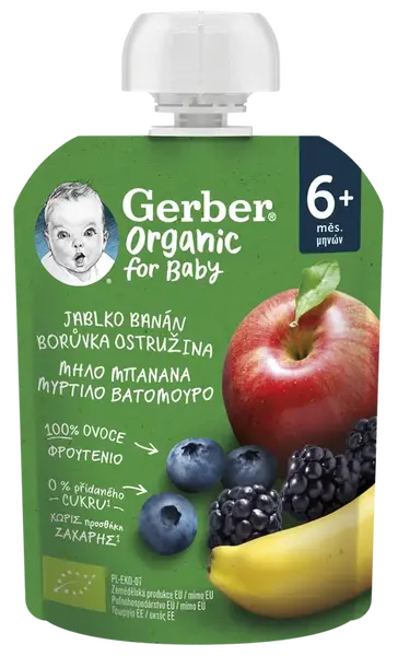 GERBER Organic vrecko jablko, banán, čučoriedka a černica 100% BIO 6m+ 90 g