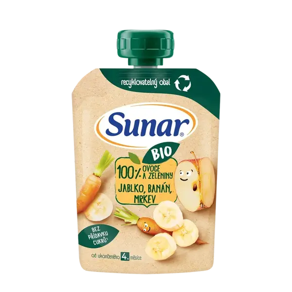 SUNAR BIO ovocná kapsička jablko, banán, mrkva 4m+ 100 g