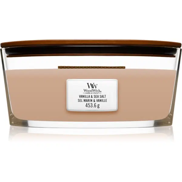 Woodwick Vanilla & Sea Salt vonná sviečka s dreveným knotom (hearthwick) 453.6 g