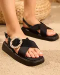 Resti Black fabric women's sandals on a flat sole with cubic zirconia Senire - Footwear