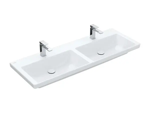 Villeroy & Boch Subway 3.0 - Dvojumyvadlo nábytkové 130x47 cm, bez přepadu, otvory pro baterie, CeramicPlus, Stone White 4A71D1RW