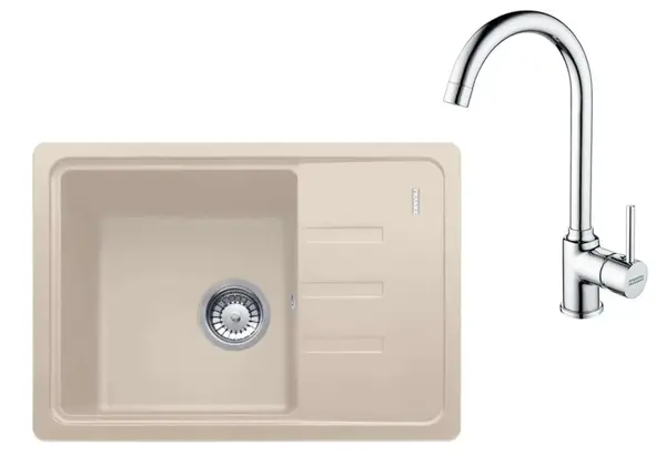 Franke Sety - Kuchynský set G265SA, fragranitový drez BSG 611-62 a batéria FP 9000.031, sahara/chróm 114.0700.746