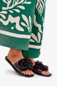 Boto Průhledné Ploché Pantofle Dámské Se Umělou Květinou Černé Vobetta