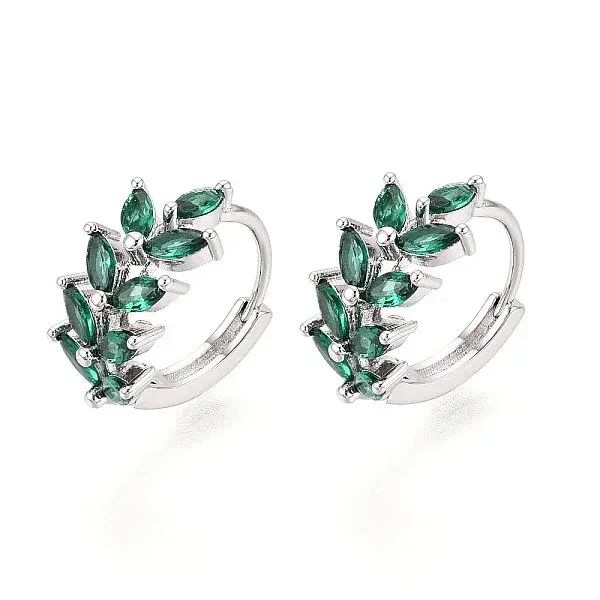 Brass Micro Pave Cubic Zirconia Leaf Hoop Earrings