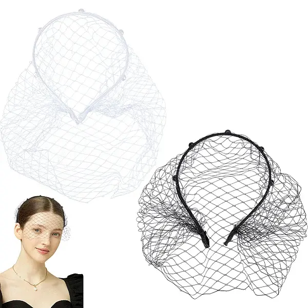 2Pcs 2 Colors Bridal Pearl Mesh Veil Cloth Hair Bands