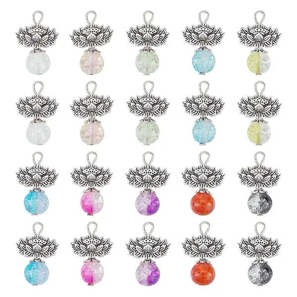 30Pcs 10 Color Zinc Alloy Lotus with Crackle Glass Round Beads Pendant