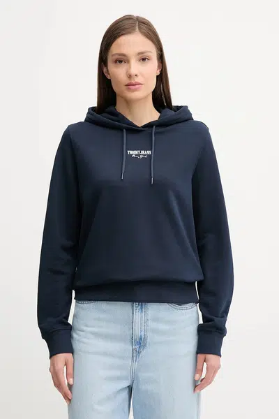Bavlněná mikina Tommy Jeans dámská, tmavomodrá barva, s kapucí, s potiskem, DW0DW20943
