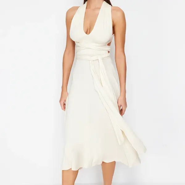Trendyol Bridal Ecru Belted Maxi Knitted Tie Beach Dress