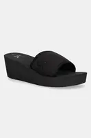 Pantofle Calvin Klein Jeans BEACH WEDGE SLIDE CANVAS dámské, černá barva, na klínku, YW0YW01725