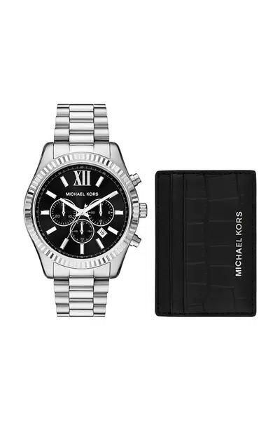 Hodinky a pouzdro na karty Michael Kors pánské, stříbrná barva, MK1091SET