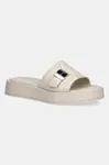 Kožené pantofle Calvin Klein FLATFORM SLIDE W/CK HW - LTH dámské, béžová barva, na platformě, HW0HW02368