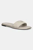 Kožené pantofle Calvin Klein FLAT SANDAL SQUARE HF LTH dámské, béžová barva, HW0HW02652