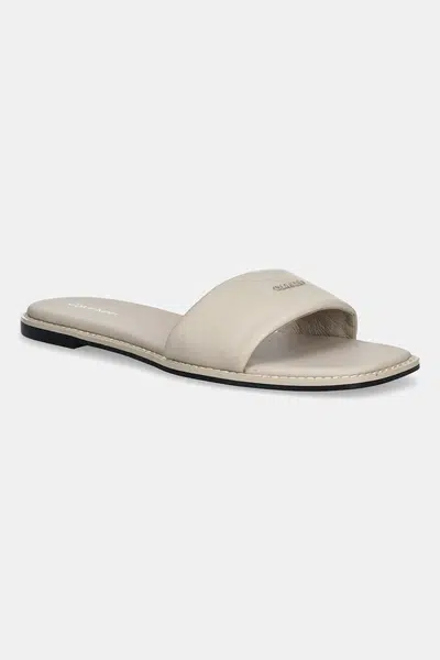 Kožené pantofle Calvin Klein FLAT SANDAL SQUARE HF LTH dámské, béžová barva, HW0HW02652