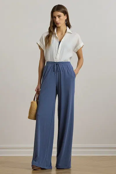 Kalhoty Lauren Ralph Lauren dámské, modrá barva, široké, high waist, 200971075