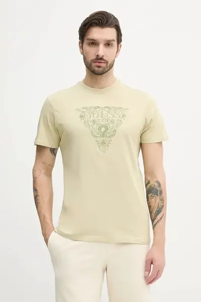 Bavlněné tričko Guess béžová barva, s aplikací, M5GI16 K8FQ4