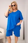 Dámská plus size souprava s blůzkou a šortkami, modrá