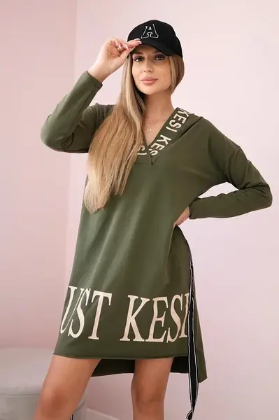Dress with a hood and khaki print