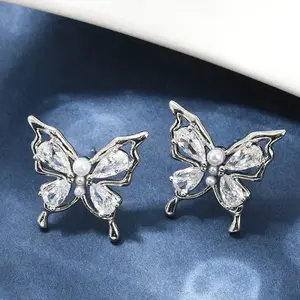 Butterfly Brass Micro Pave Cubic Zirconia Stud Earrings