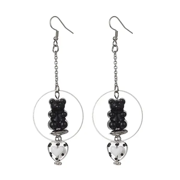 Acrylic Bear & Lampwork Heart Dangle Earrings