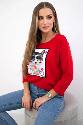 Halenka s kočičí grafikou 3D červená