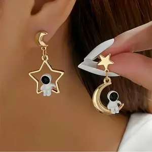 Moon & Star with Spaceman Alloy Resin Dangle Stud Earrings