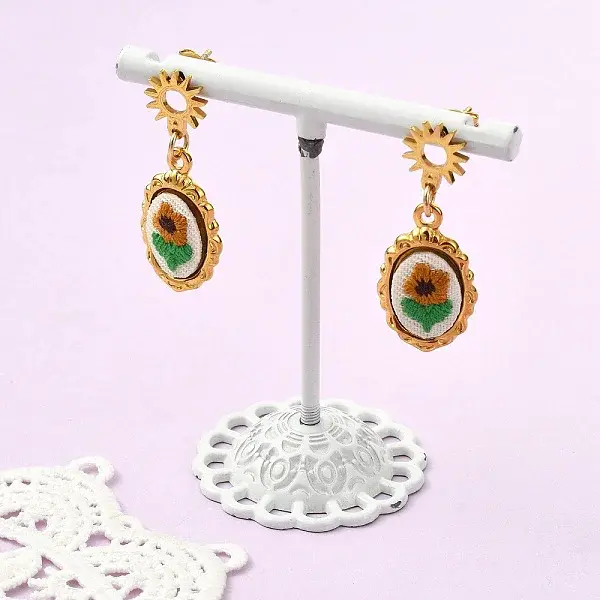 304 Stainless Steel & Cloth Embroidery Stud Dangle Earrings