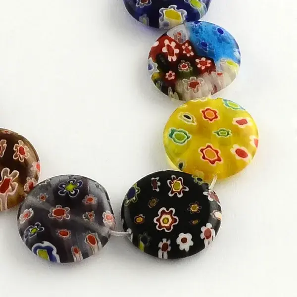 Flat Round Handmade Millefiori Glass Lampwork Beads Strands