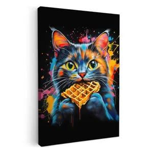 MuchoWow OBRAZ NA PLÁTNĚ Kočka - Graffiti - Barevné - Vafle - Jídlo 20x30 cm