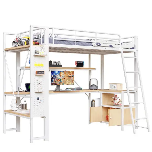 OKWISH PATROVÁ postel 90/200 cm bílá z kovu a MDF s psacím stolem
