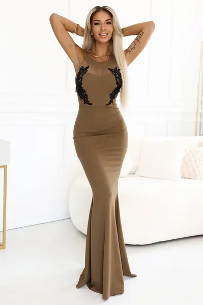 617-1 Long mermaid dress with black lace and mesh - MOCHA MOUSSE