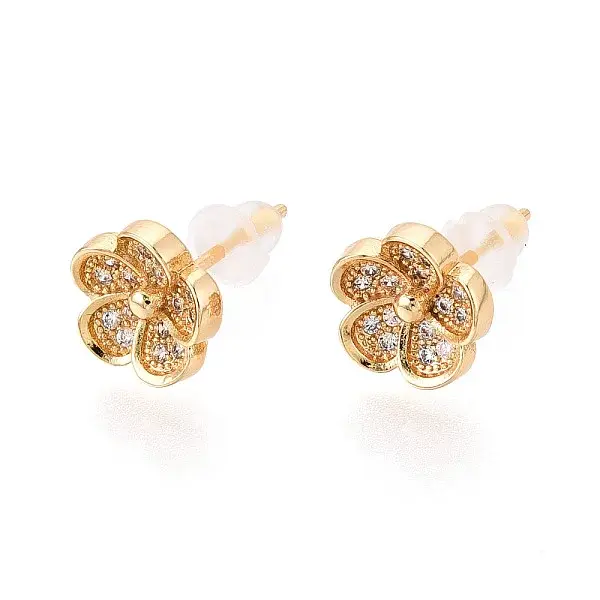Brass Pave Clear Cubic Zirconia Flower Stud Earrings