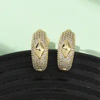 Brass Micro Pave Clear Cubic Zirconia C-Shaped with Rhombus Stud Earrings