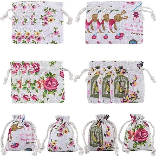 4 Styles Flower Print Burlap Packing Pouches