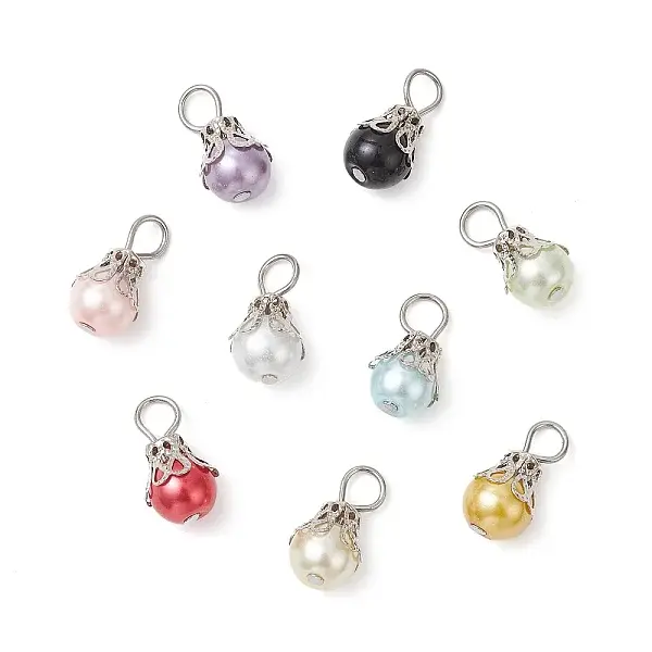 9Pcs 9 Colors Baking Painted Pearlized Glass Pearl Pendants