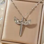 Brass Clear Cubic Zirconia 3D Cute Wing Sword Pendant Necklaces for Daily Wear
