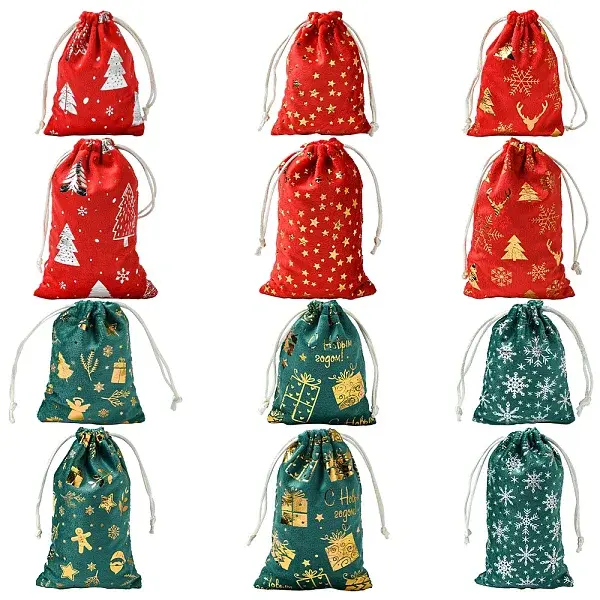 12Pcs 12 Styles Hot Stamping Christmas Velvet Storage Bags