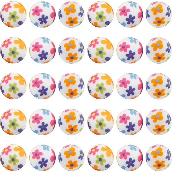 30pcs Round with Flower Pattern Silicone Focal Beads